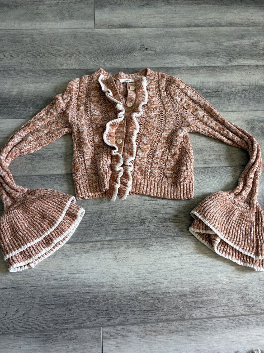Tularosa Blush Brown Ruffle Cardigan with Cream Trim